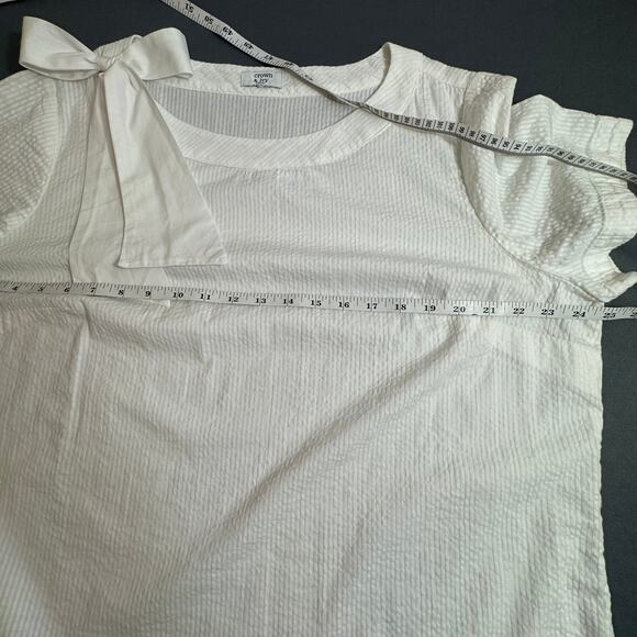 CROWN & IVY XL White Seersucker Stripe Cotton Bow Short Sleeve Preppy Top - Picture 3 of 5